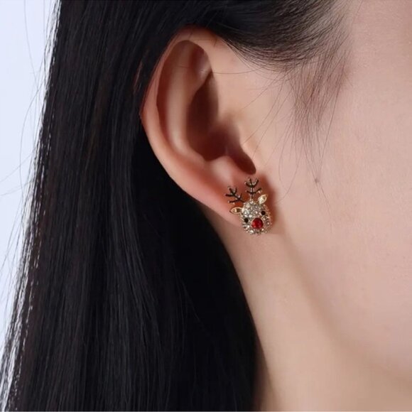 Rhinestone Reindeer Stud Earrings | Gold-Tone Deer Head Christmas Jewelry 🦌 - Picture 2 of 5